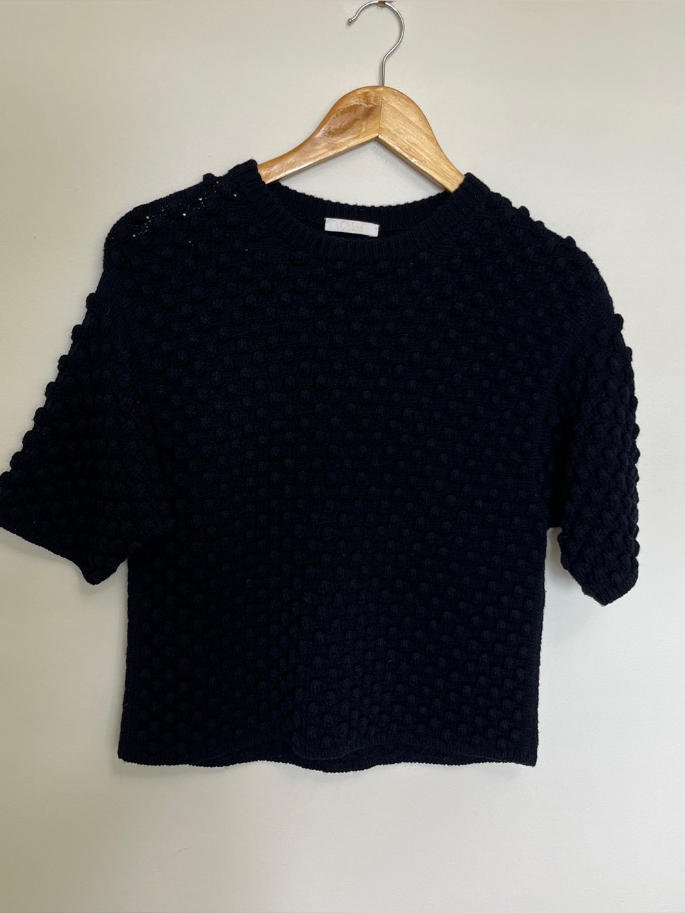 Chloé Navy Popcorn Knit Boucle Sweater Short Sleeve Size XS